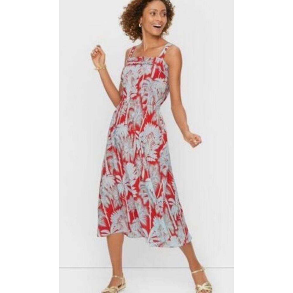 Talbots Women Fit & Flare Midi Dress 16 Red Oasis Palm Print Tropical Cotton - Picture 2 of 9